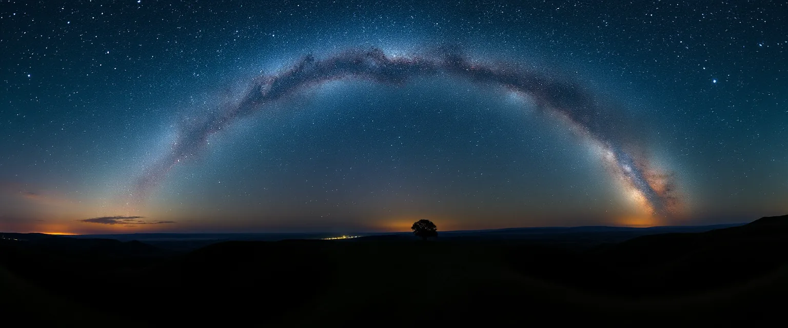 Vía Láctea sobre la meseta de noche, con una encina en el horizonte